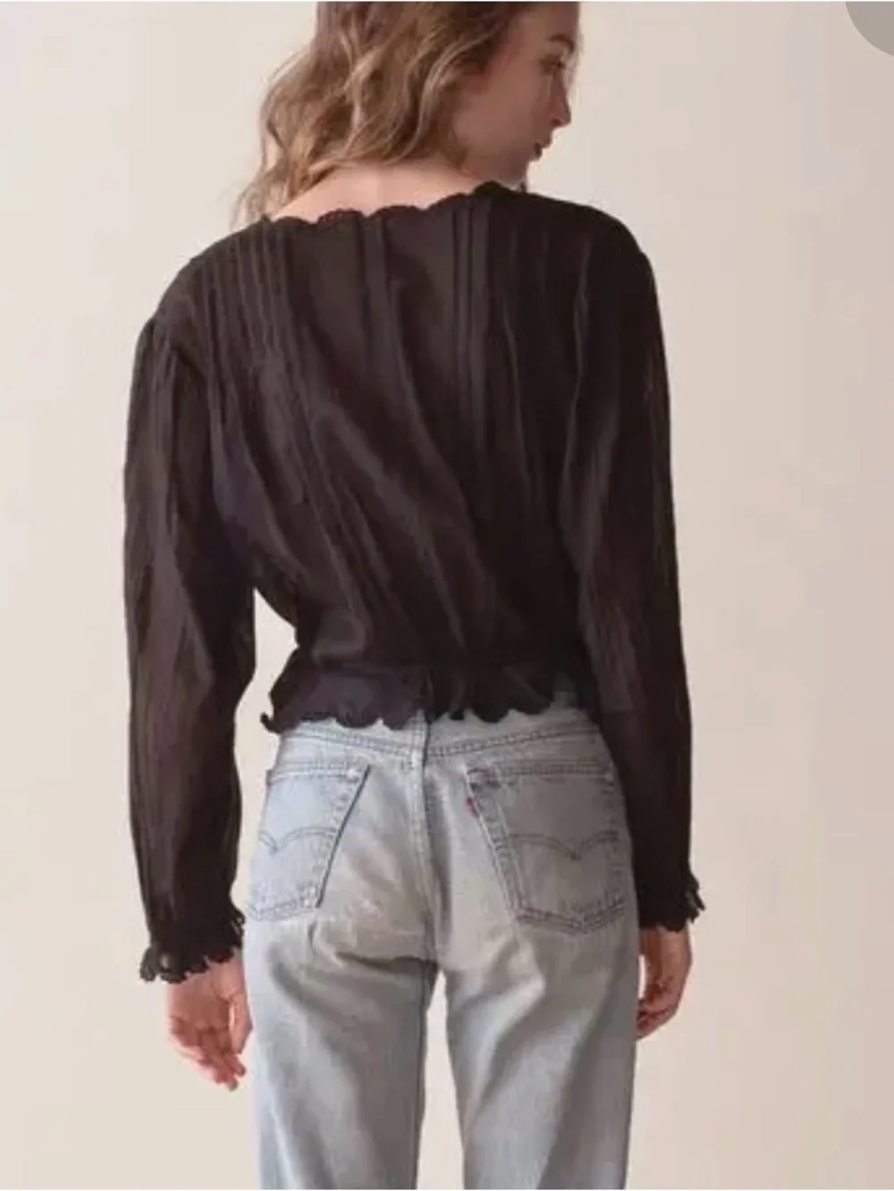 Doen Black Sheer Lace-Trim Button Front Blouse - Picture 2 of 6